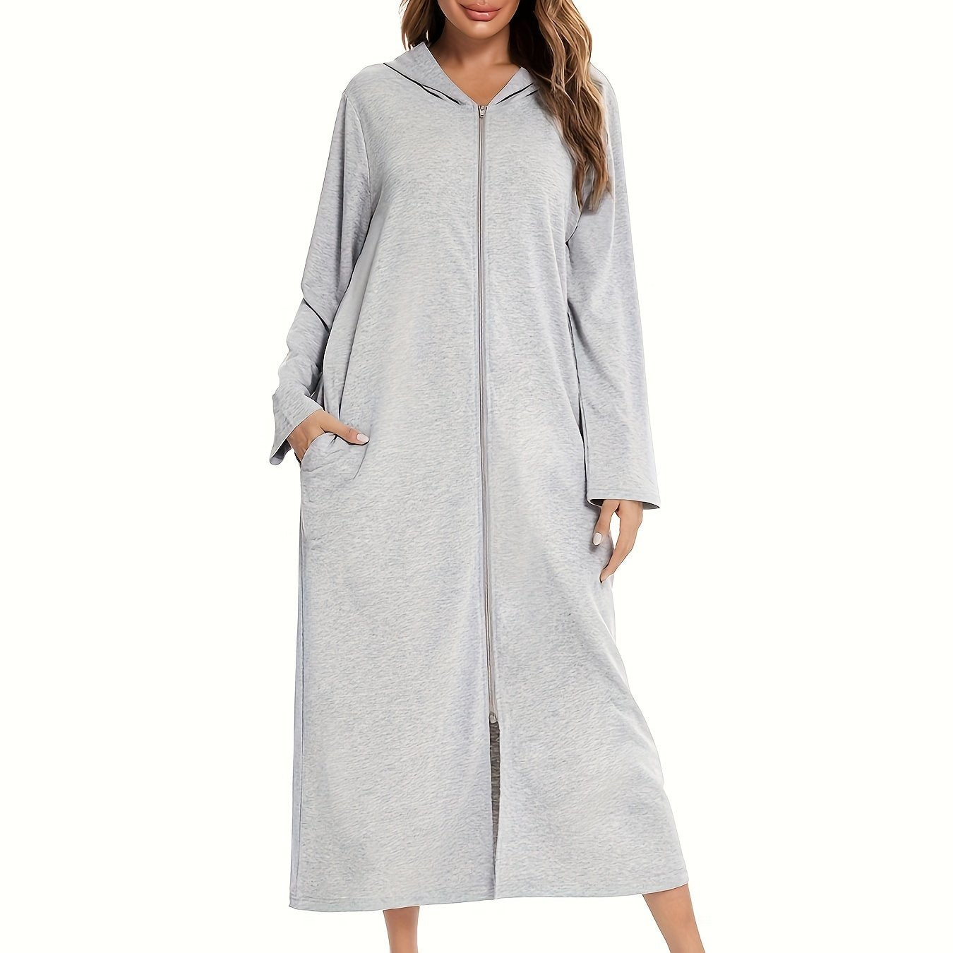 Comfortable zip-up lounge dresses with a hood, perfect for women's loungewear.