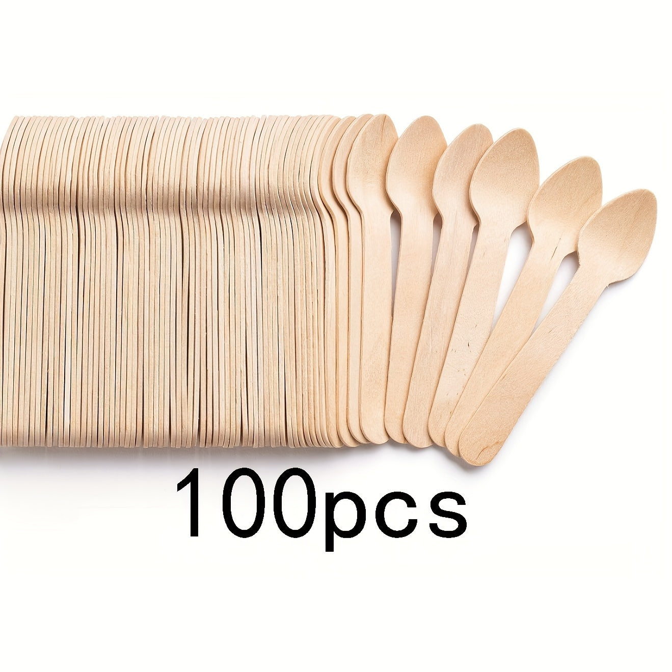 100 pieces of environmentally-friendly disposable birch spoons, perfect for serving cake, ice cream, and dessert. These recyclable bamboo products are ideal for use at parties, weddings, and camping trips.