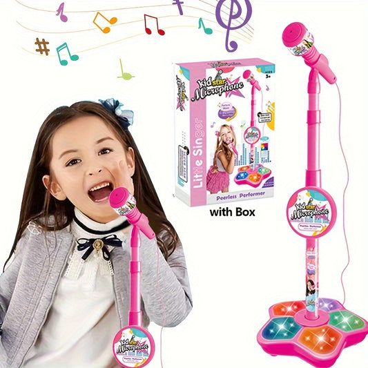 Kids' Karaoke Microphone with Stand - Adjustable height, light effects, MP3/phone connectivity. Perfect birthday gift for boys & girls, engaging, educational toy. Brain-training music