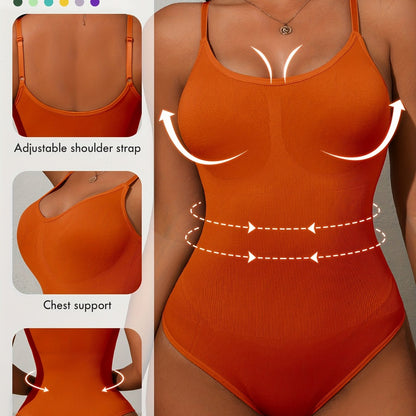 Elegant slimming bodysuit with high support, tummy control, butt lift, ribbed detail, made of lightweight nylon-elastane blend for waist shaping, no padding.