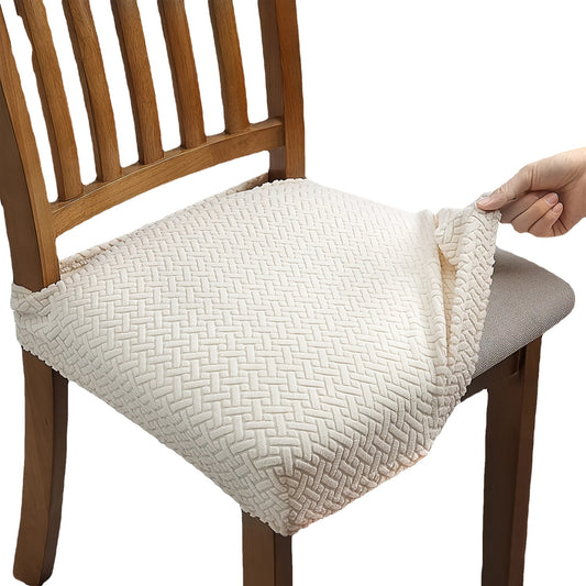 Stretchable solid color chair cushion cover with elastic fit for dining chairs in homes and hotels. Made of machine washable polyester blend.