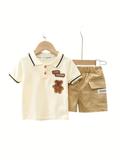 Boy's casual 2-piece set with short sleeve golf shirt featuring cute bear patch design and elastic waistband comfy shorts in pure fabric, perfect for spring and summer daily and outdoor