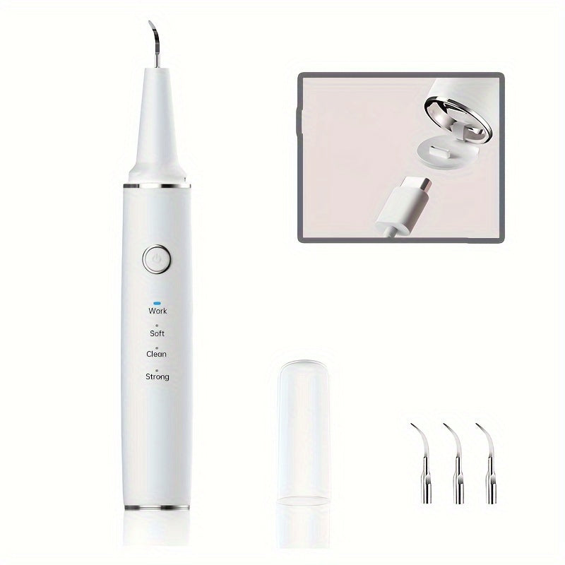 USB rechargeable scaler with LED light, 3 modes, and 4 interchangeable brush heads.