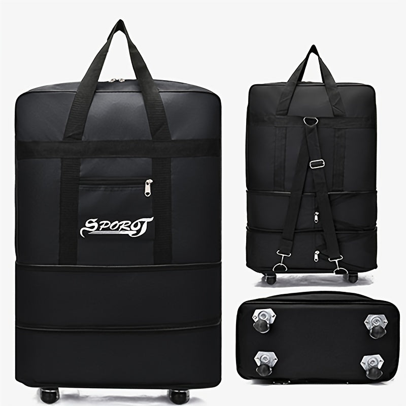 Foldable rolling travel luggage bag made of polyester with large capacity and wheels. Checked duffel bag with multi-tiered storage for men and women, ideal for travel, moving, and camping.