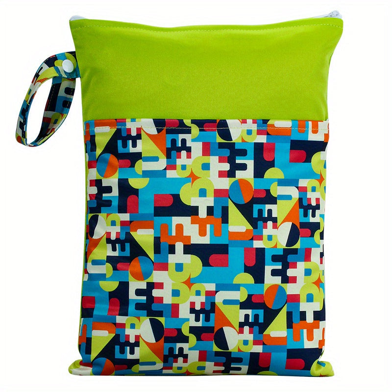 Waterproof multicolor reusable nappies bag with dimensions of 24.99*35.0cm. This wet dry mammy bag features a double pocket, cloth handle, and is a wetbag.