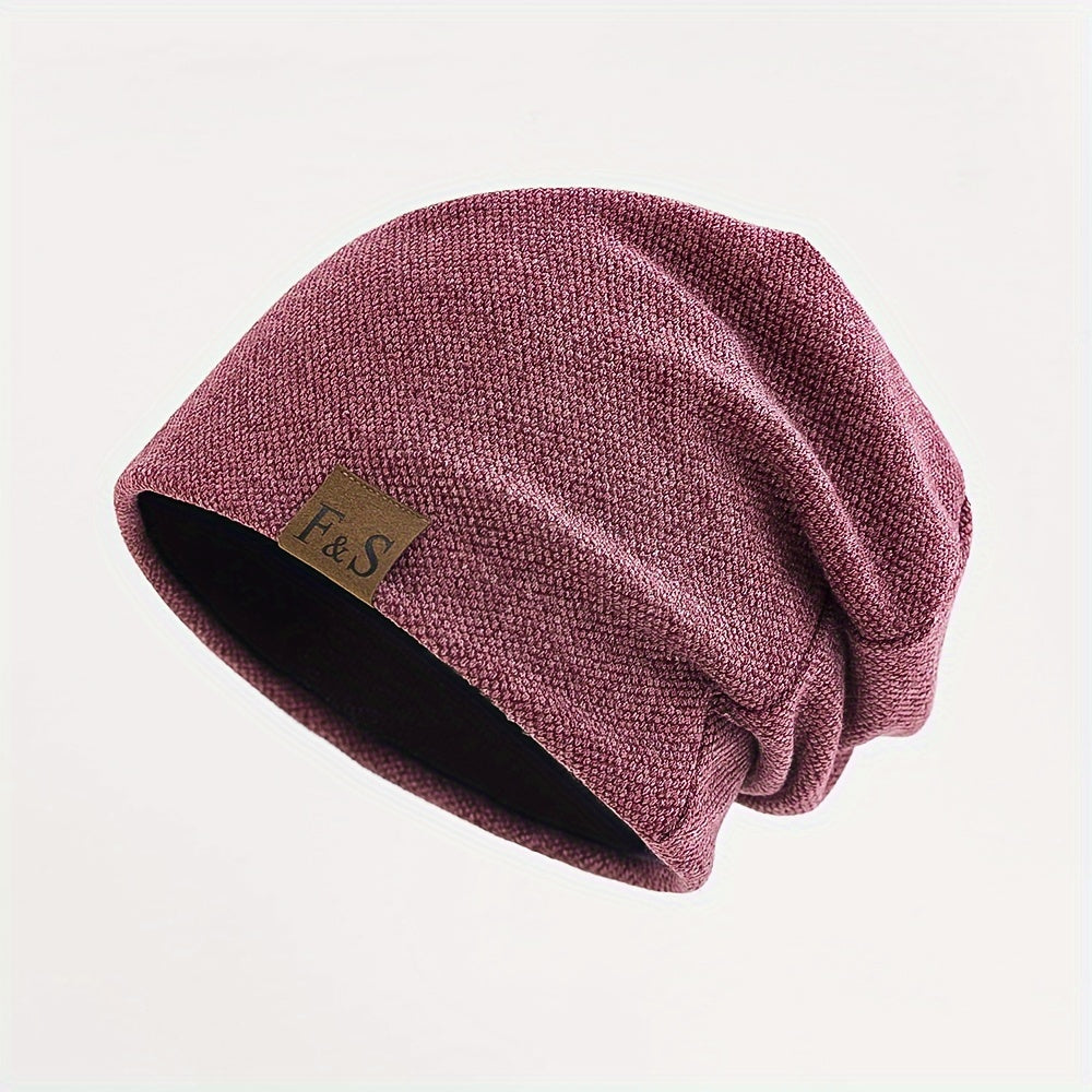 Christmas gift of a men's casual beanie hat made with a blend of cotton and soft, breathable polyester fabric. Features an alphabet pattern, high stretch, and is recommended for hand wash only.