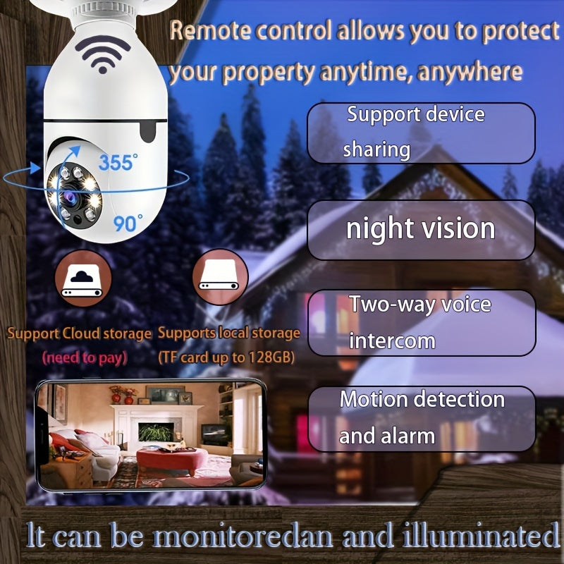 WiFi-enabled smart bulb camera with night vision capabilities, two-way audio, and a wide angle lens. Allows for real-time video streaming, remote monitoring, and compatibility with voice assistants. Ideal for ensuring the safety of youngsters and makes