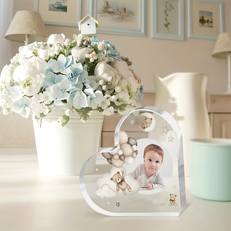 Customizable Acrylic Heart Photo Frame featuring Teddy Bear Design, Perfect for Teens 14+. Makes a Meaningful Gift for Sons and Daughters. Display your precious memories in style!