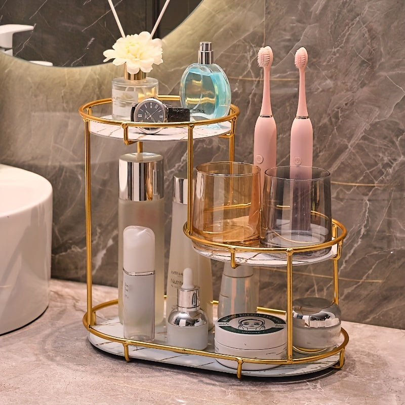 Durable cast iron 3-tier bathroom organizer for cosmetics, perfumes, skincare, and toothbrushes with washable UV panel.