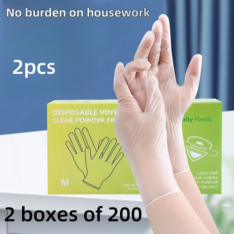 Pack of 100 PVC disposable gloves, can be used on either hand, free of lead and BPA, waterproof and resistant to water with great flexibility. Perfect for handling food, cleaning, beauty salons, and home use.