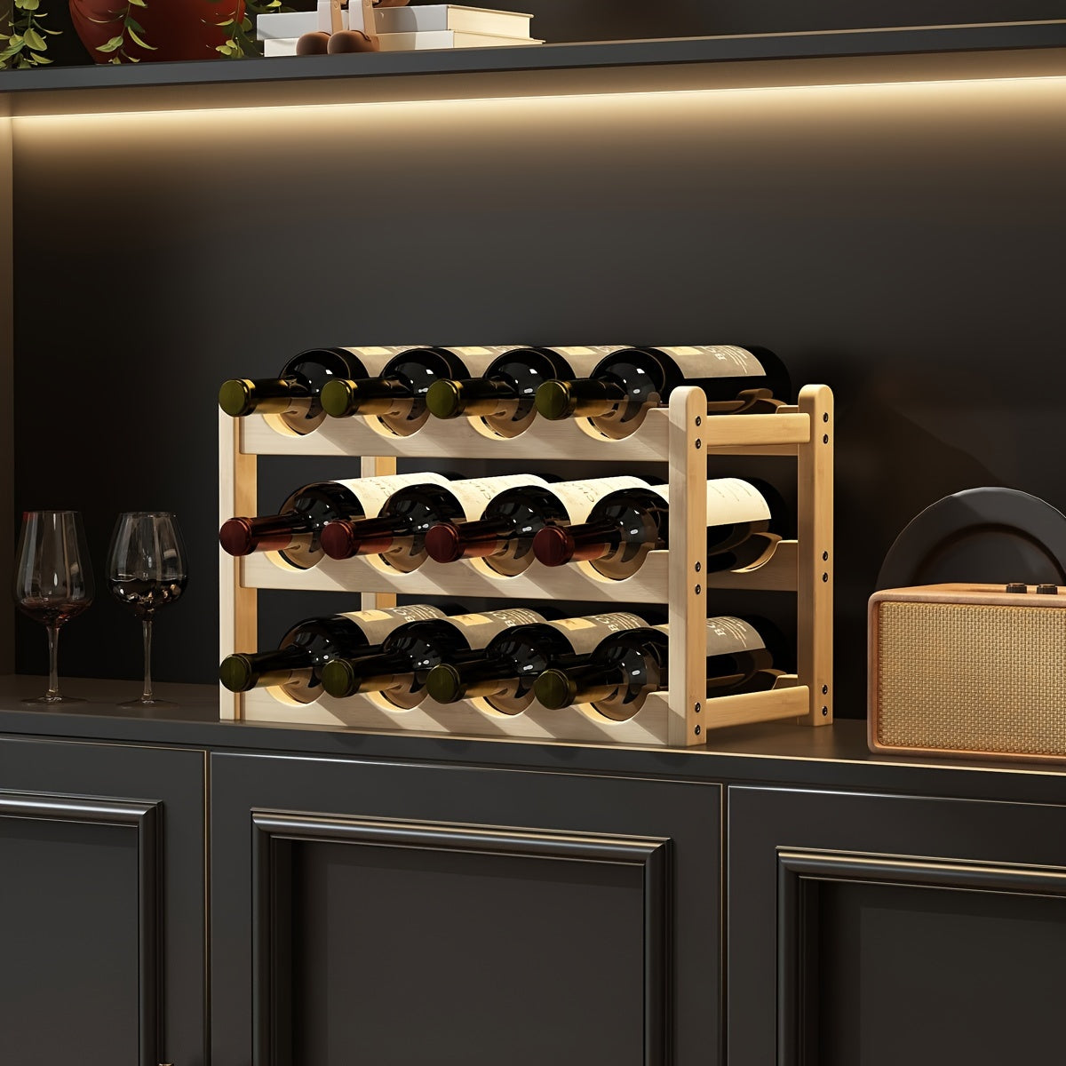 Tiered wine bottle holder with separate tiers, one can be placed (assembly required for 2/3/4 tier wine rack)