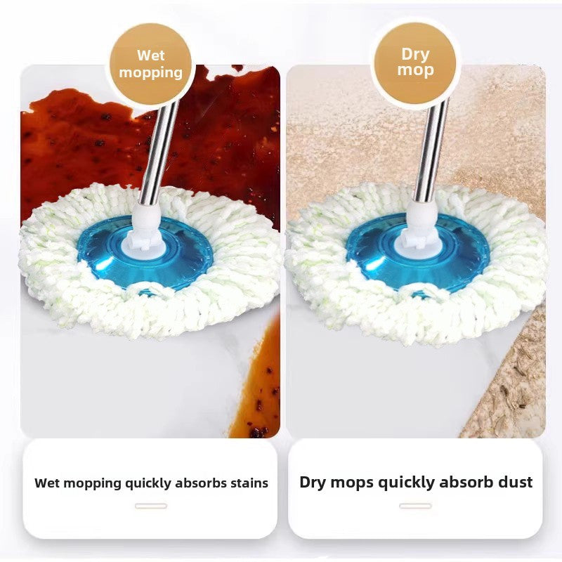 The Spin Mop and Bucket Set includes 6 pieces and comes with 4 Microfiber Heads. This manual floor cleaning system does not require electricity, making it easy to use. It features easy wringing and is suitable for the living room, kitchen, and bathroom.