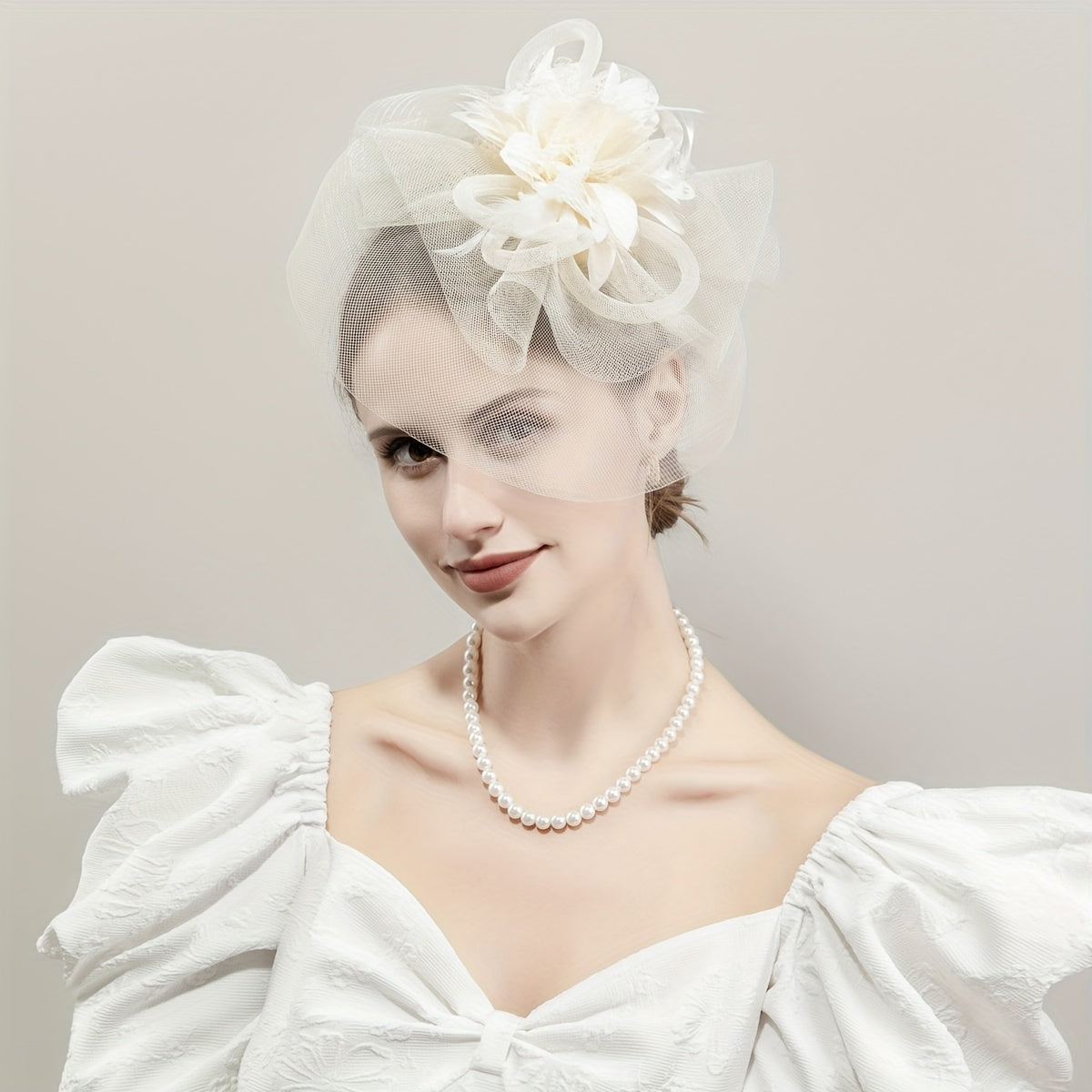 One piece of women's hair accessory featuring a mesh flower, faux feather detailing, and veil perfect for birthday parties, the Jockey Club, weddings, derby hats, and church events.