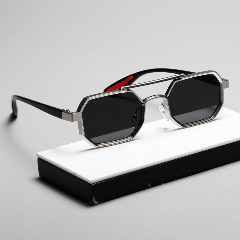 A unisex metal geometric frame glasses that can complement various outfits like sweaters, jackets, sweatshirts, and hoodies, serving as decorative eyewear.