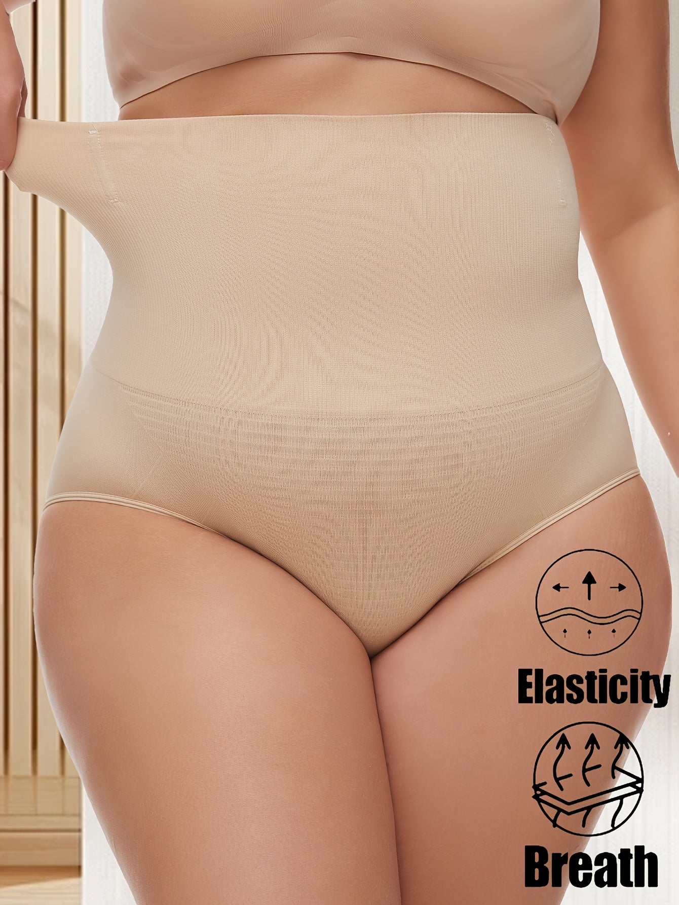 High-waist shaping panties for women with tummy control and butt lift. Breathable fabric with memory cartilage for elasticity support. Ideal for yoga and casual wear in beige. Suitable for