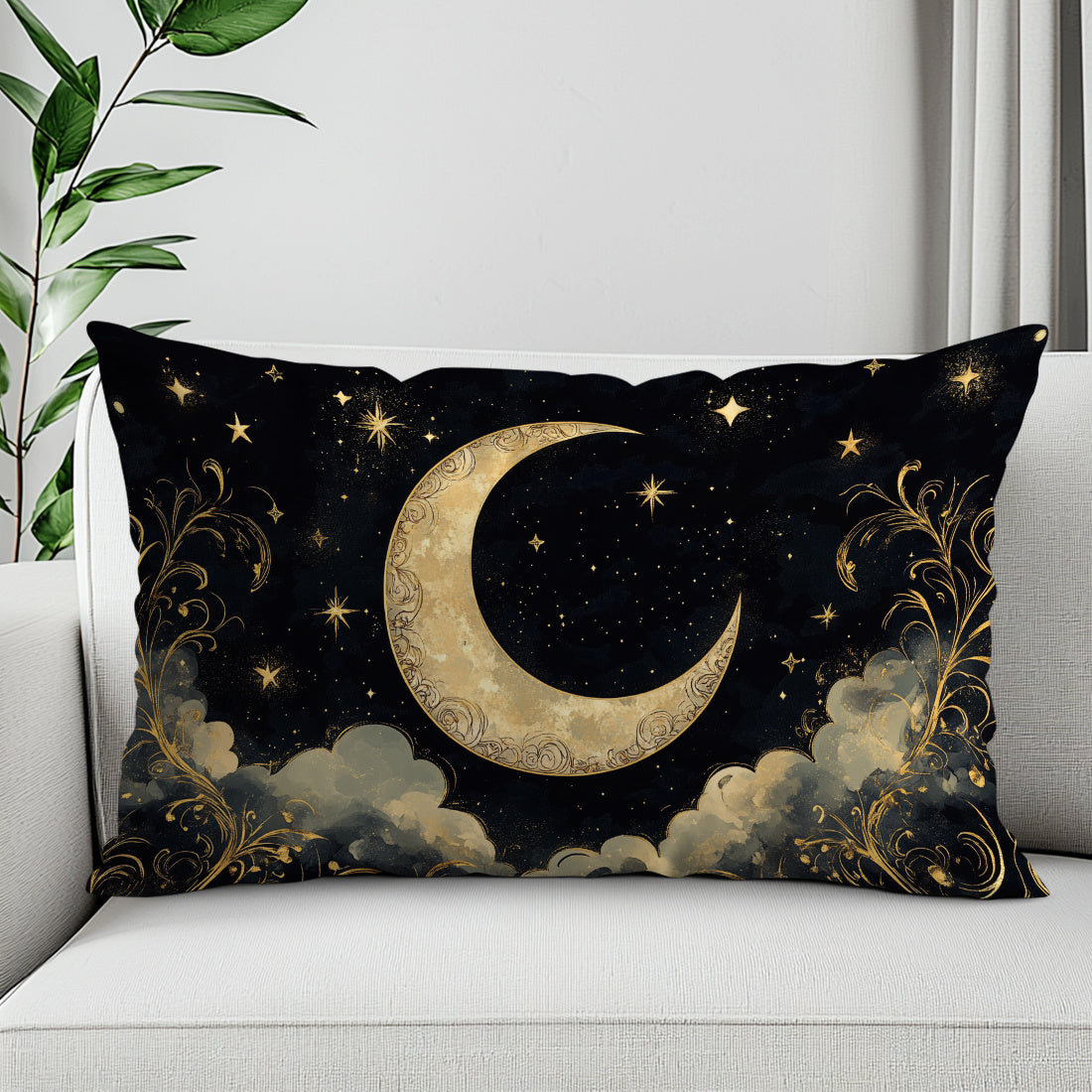 Contemporary crescent moon and stars print pillow cover, 30x50cm, made of soft peach skin velvet with zipper closure. Machine washable and suitable for various room types.