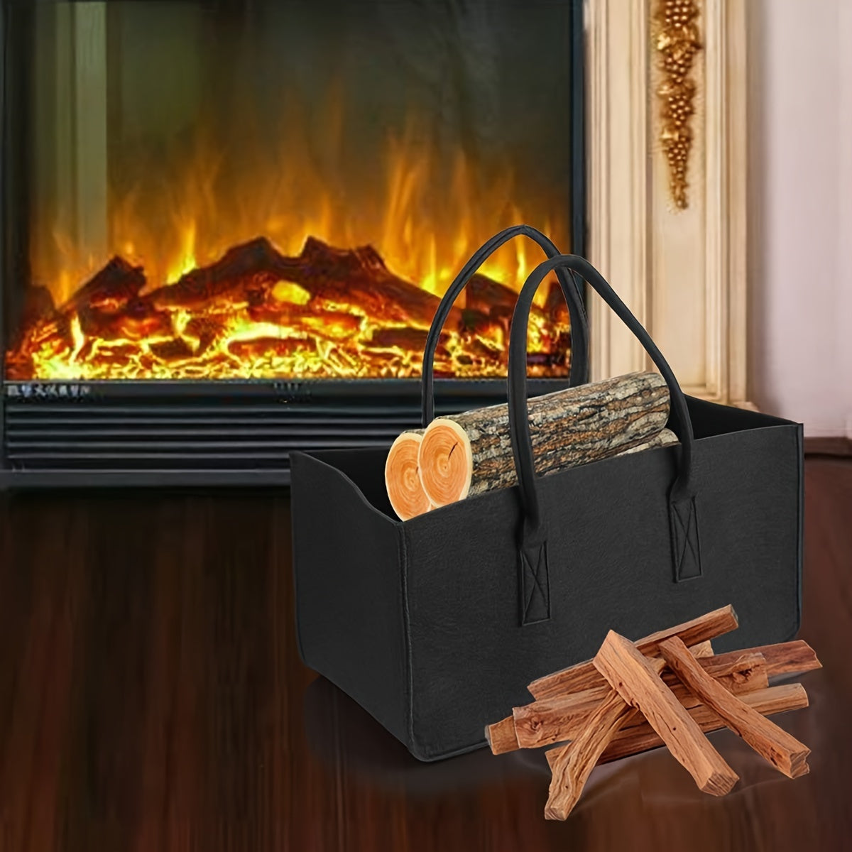 Polyester Firewood Tote Bag - Sturdy and Long-lasting Log Carrier for Fireplace, Woodpile Rack, and Outdoor Storage - Elegant Black Felt Handbag for Shopping and Kindling, Reusable