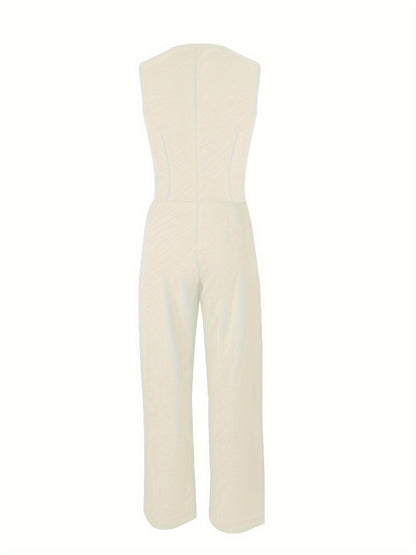 Women's stylish solid color pantsuits with button front fake pocket sleeveless vest and high waist pleated pants.