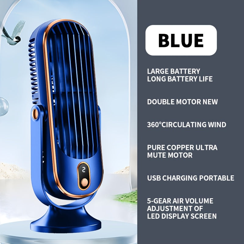 Get maximum airflow with the 720° Oscillation Table Fan, featuring dual motors for powerful performance. This portable fan offers 5-speed settings for quiet operation and is made of sturdy plastic material. With USB charging and a built-in lithium