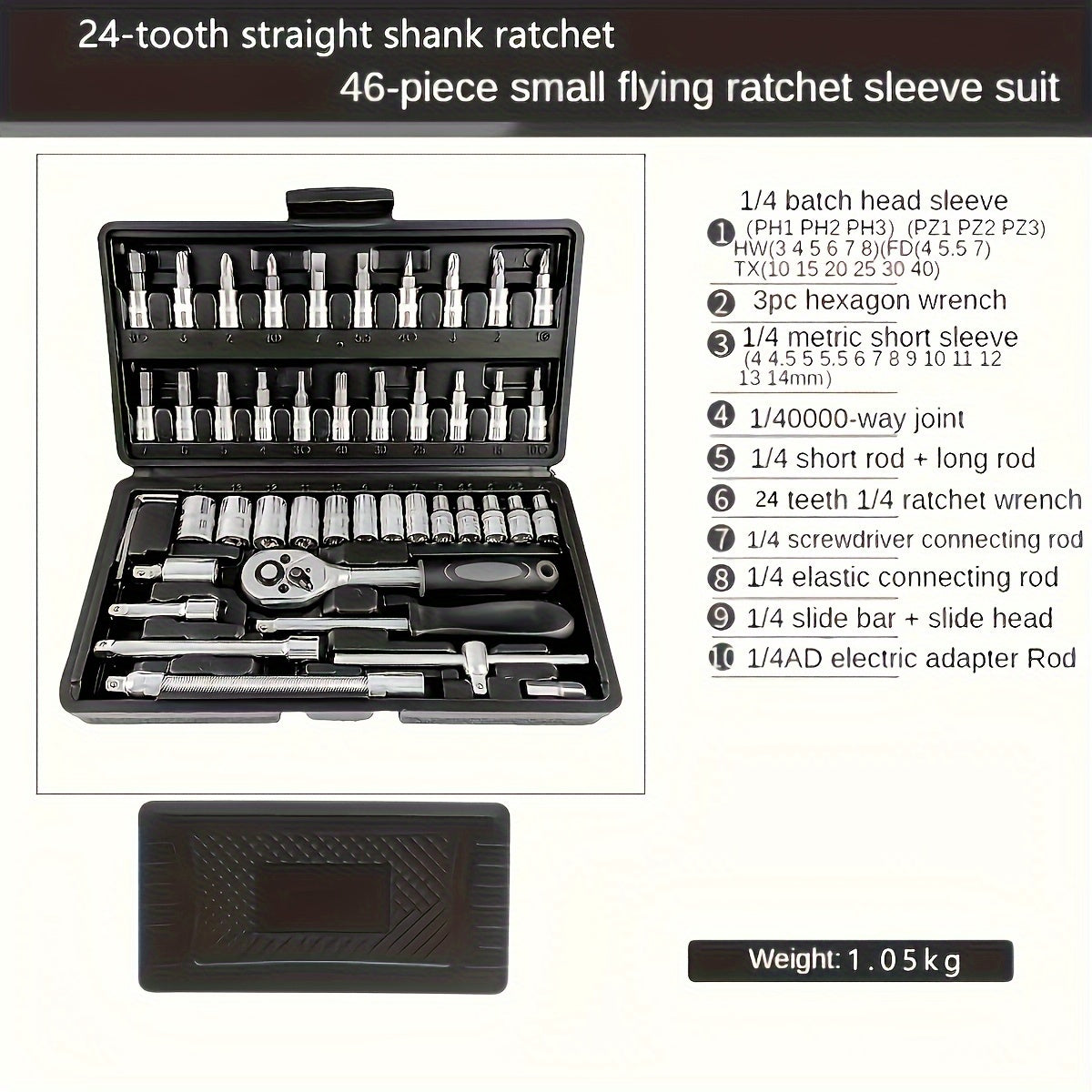 46-pc Chrome Vanadium Steel Socket Wrench Set with 1/4" Ratchet & Metric Tools, Durable, No assembly needed, Ideal for Auto Repair & Home Use, Comes with Storage Case