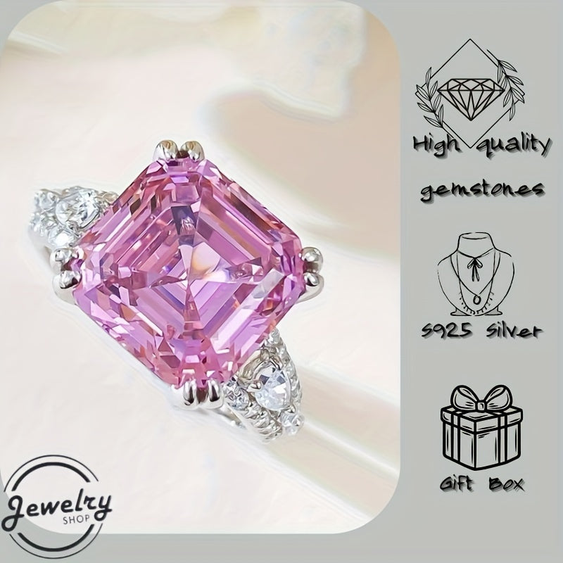 Stunning 925 Sterling Silver Ring featuring a 11*11mm Pink Cherry Blossom Synthetic Diamond, Perfect for Parties and Banquets with a Vintage/Simple Style that can be worn all year round