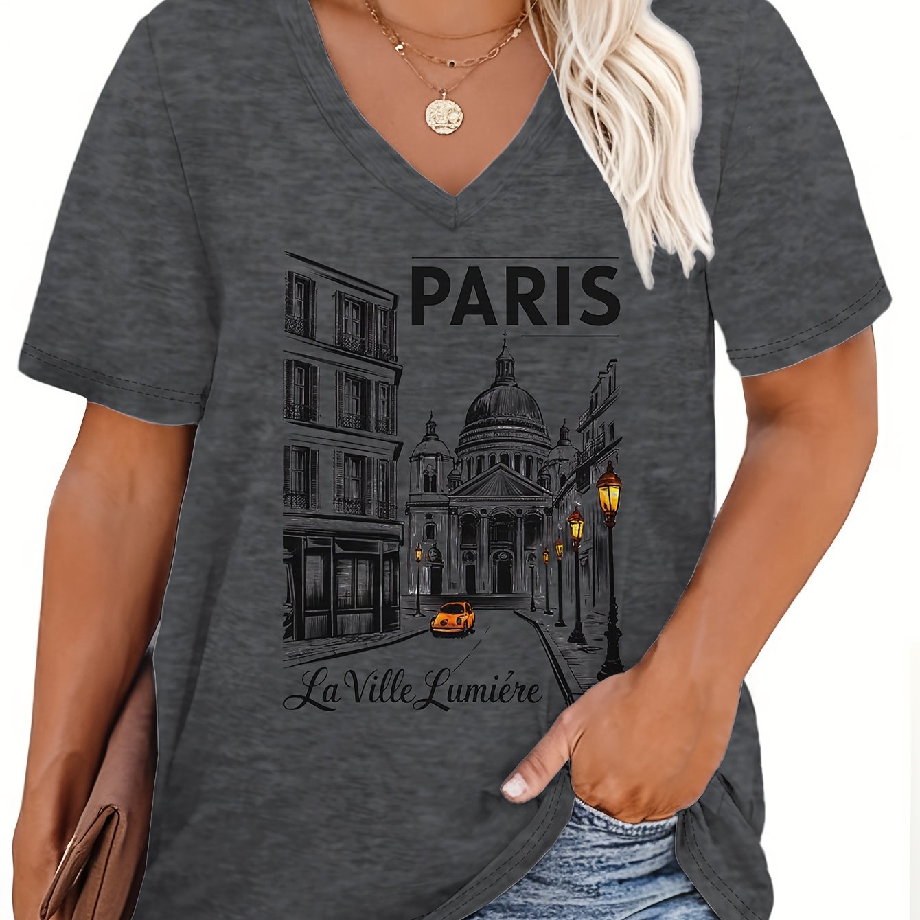 PARIS Print T-Shirt for Plus Size Women, V Neck Short Sleeve Top for Spring & Summer