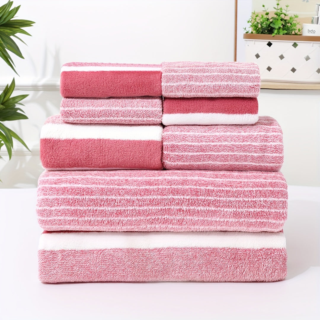 8-piece combination square towel bath set includes 4 square towels (30x30cm), 2 towels (35x75cm), and 2 large bath towels (70x140cm) in various colors and striped design. Highly absorbent, quick drying, and soft towels suitable for bathrooms, showers