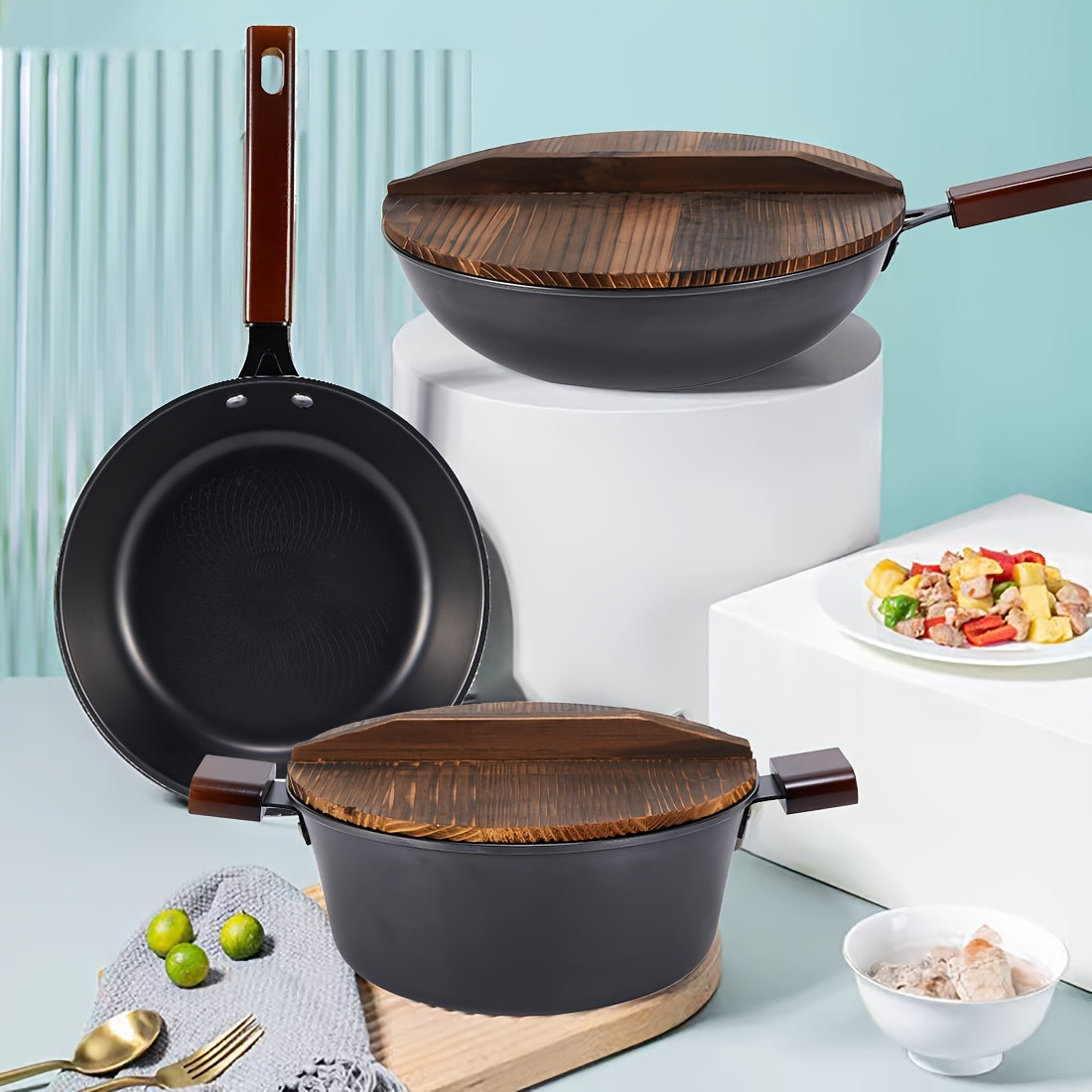 Vintage Kitchen Three-piece Set includes a 32cm Wok, 24cm Soup Pot, and 24cm Frying Pan. Set comes with 2 Charcoal Burning Wooden Covers, made from Original Cast Iron with Charcoal Burning Wooden Handles. Features Non-stick Layer Technology and an