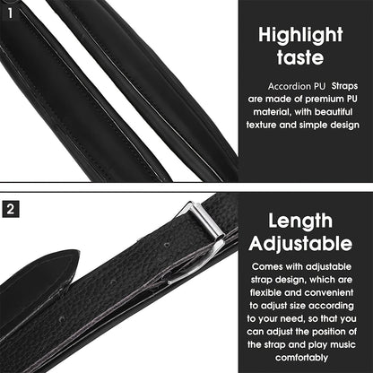 Adjustable accordion strap for 16-120 bass accordions made of durable faux leather with thick padding and secure buckle closure. Sleek glossy finish with high-quality material.