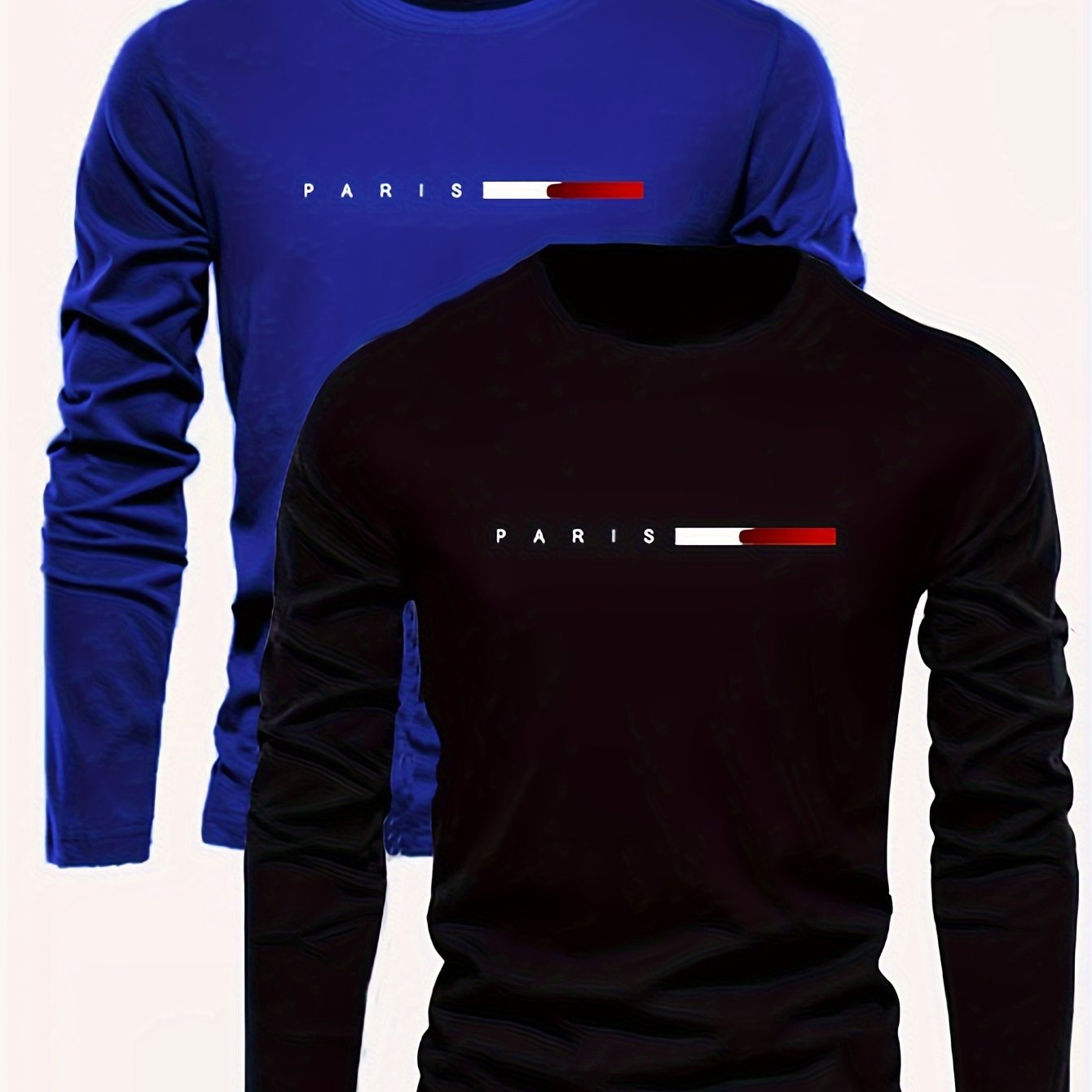 2 Men's Paris Letter Print Long Sleeve T-Shirts in Royal Blue & Black, Breathable & Comfortable for Fall/Winter, Ideal Gift Set.