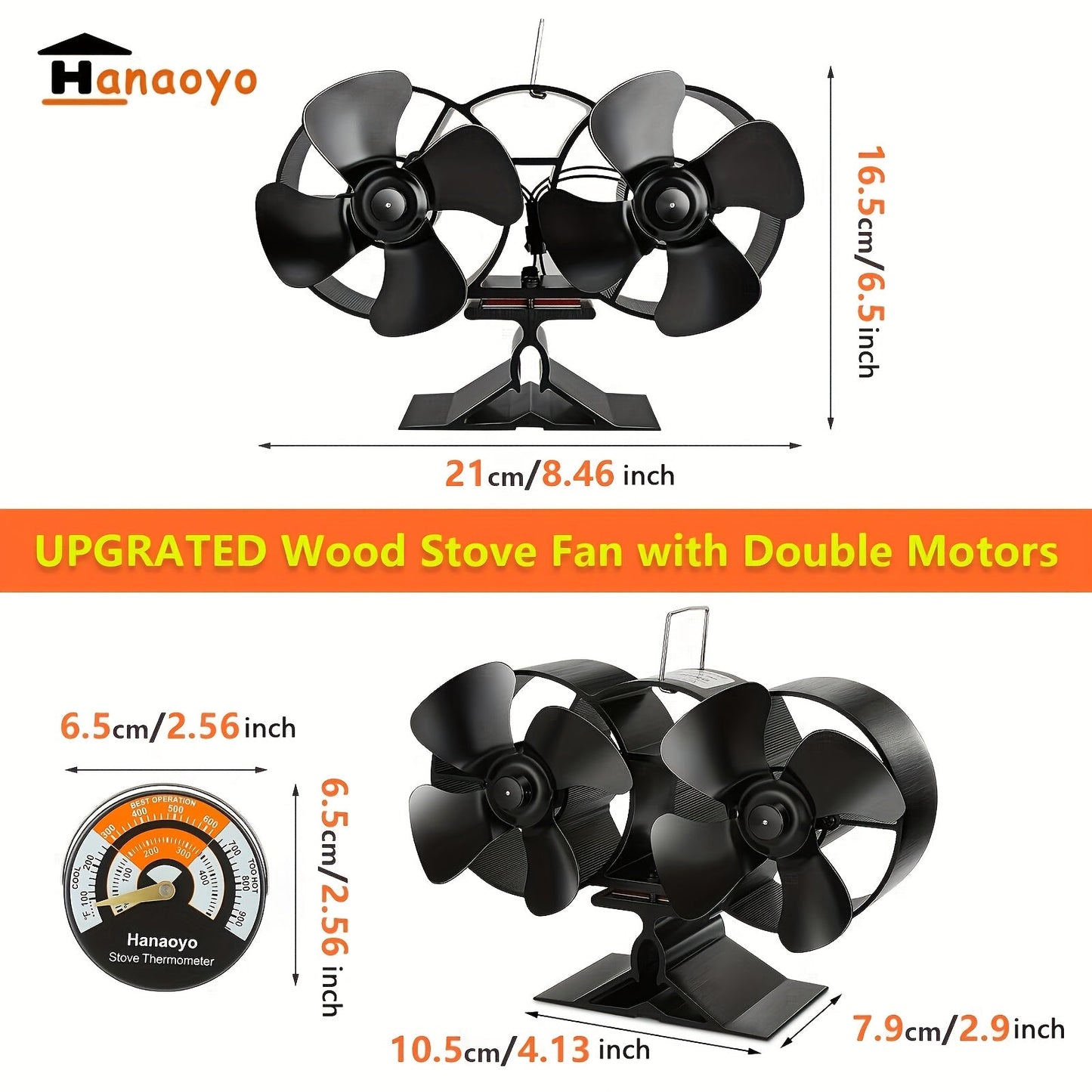 Wood Stove Fan with Dual Motors, Heat Powered Stove Fan, Fireplace Fan with Magnetic Thermometer, Non-Electric Stove Accessories for Wood/Gas/Log Burner Stove.