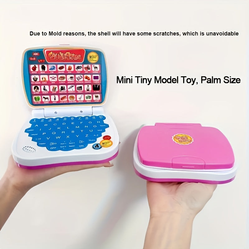 Mini laptop toy for kids - Educational and entertaining puzzle pad, easily portable, battery-free, available in pink or blue.