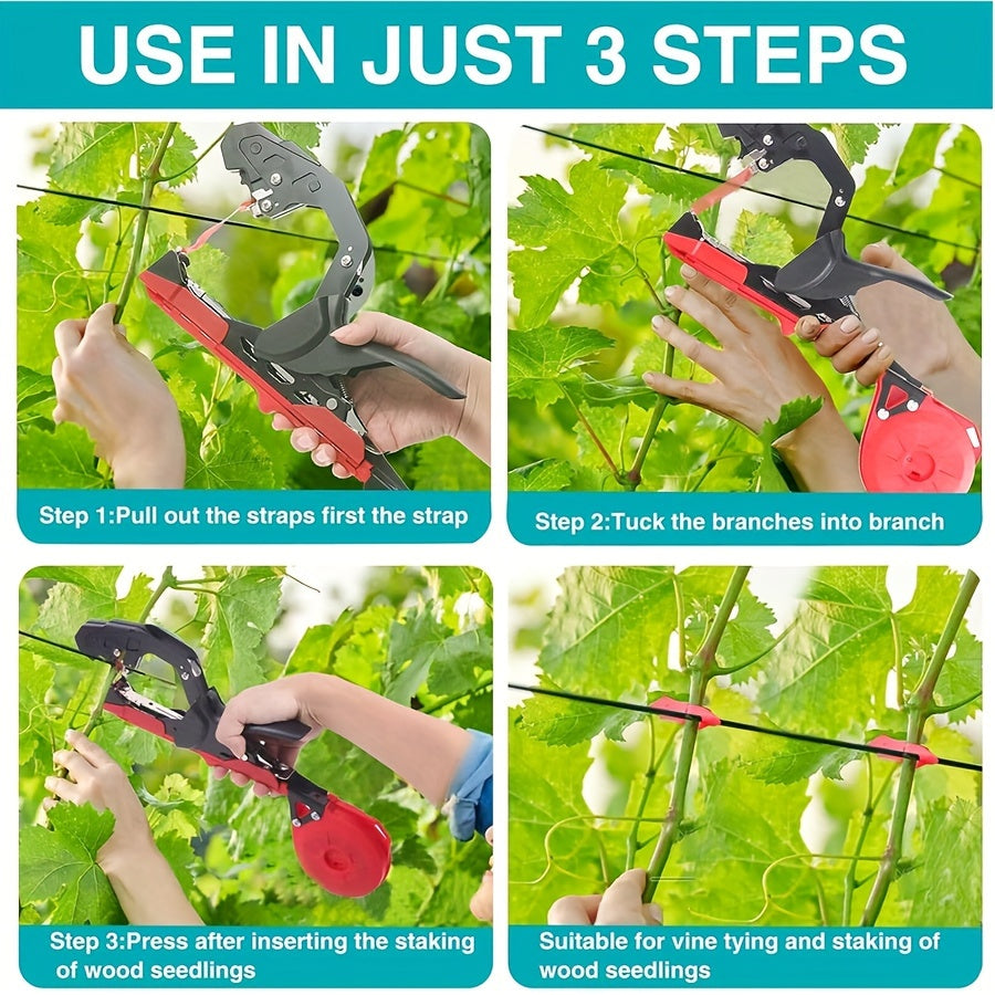 Durable lightweight gardening tool with adjustable blade for efficient plant support and automatic binding of grape and tomato vines.