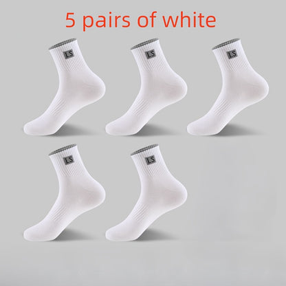 5 pairs of men's crew socks with alphabet pattern, made of knit polyester and spandex blend, breathable and soft, suitable for sports and casual wear, machine washable.