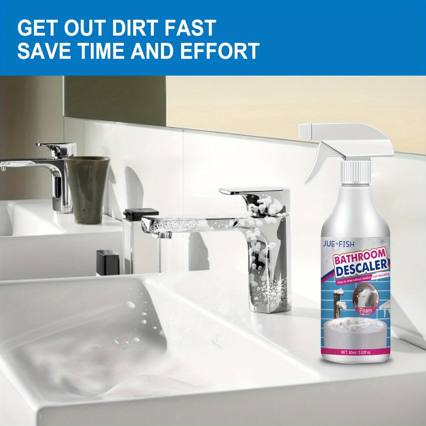 Keep your bathroom sparkling clean with JUE-FISH Foam Bathroom Descaler Spray! This special formula features Citral Ingredient for a residue-free finish on metal surfaces. Say goodbye to soap scum and grime on shower glass, stainless steel sinks, and