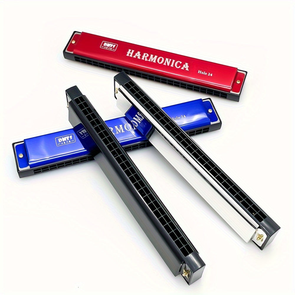 24-hole Golden Harmonica in C Major for all skill levels, includes box, available in white, red, blue, and black.