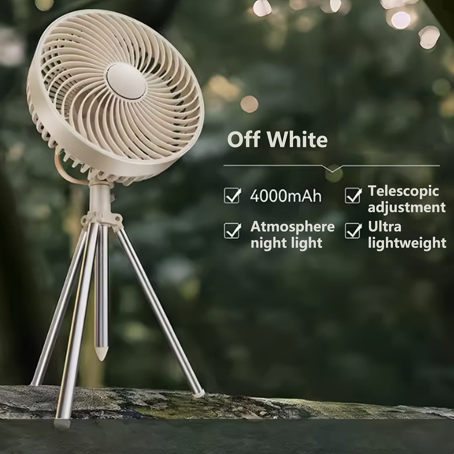 Portable tripod stand fan with LED light, 4000mAh battery, 4 wind speeds, 2 light settings, telescopic adjustment, lightweight design for use at home, camping, and outdoors. Made of ABS material, perfect household gadget and great for gifting on