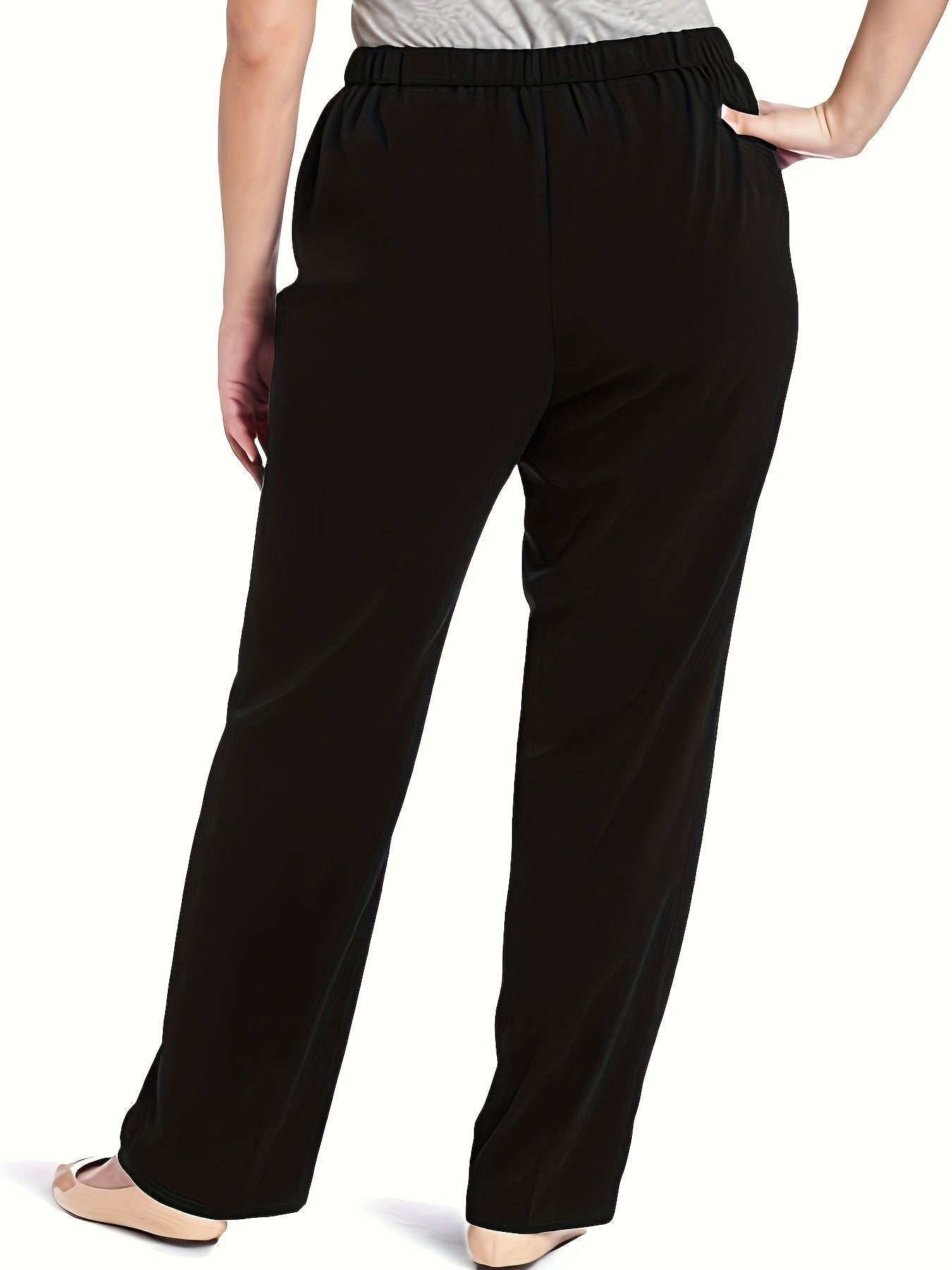 Stylish high-waisted straight-leg pants for plus-size women, made from stretchy polyester with pockets. Ideal for spring and fall.