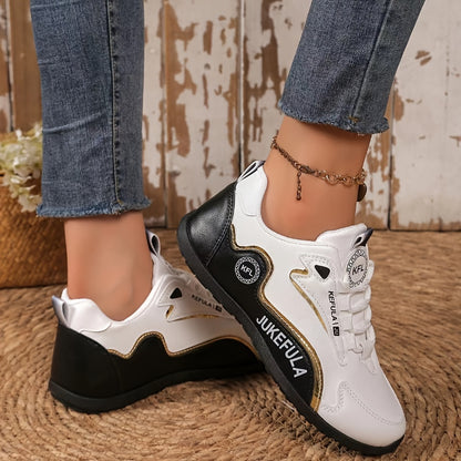 JUKEFULA Women's Colorblock Sneakers - White & Gray, Anti-Slip, Soft PVC Sole, Round Toe, Lace-Up Closure, All Seasons