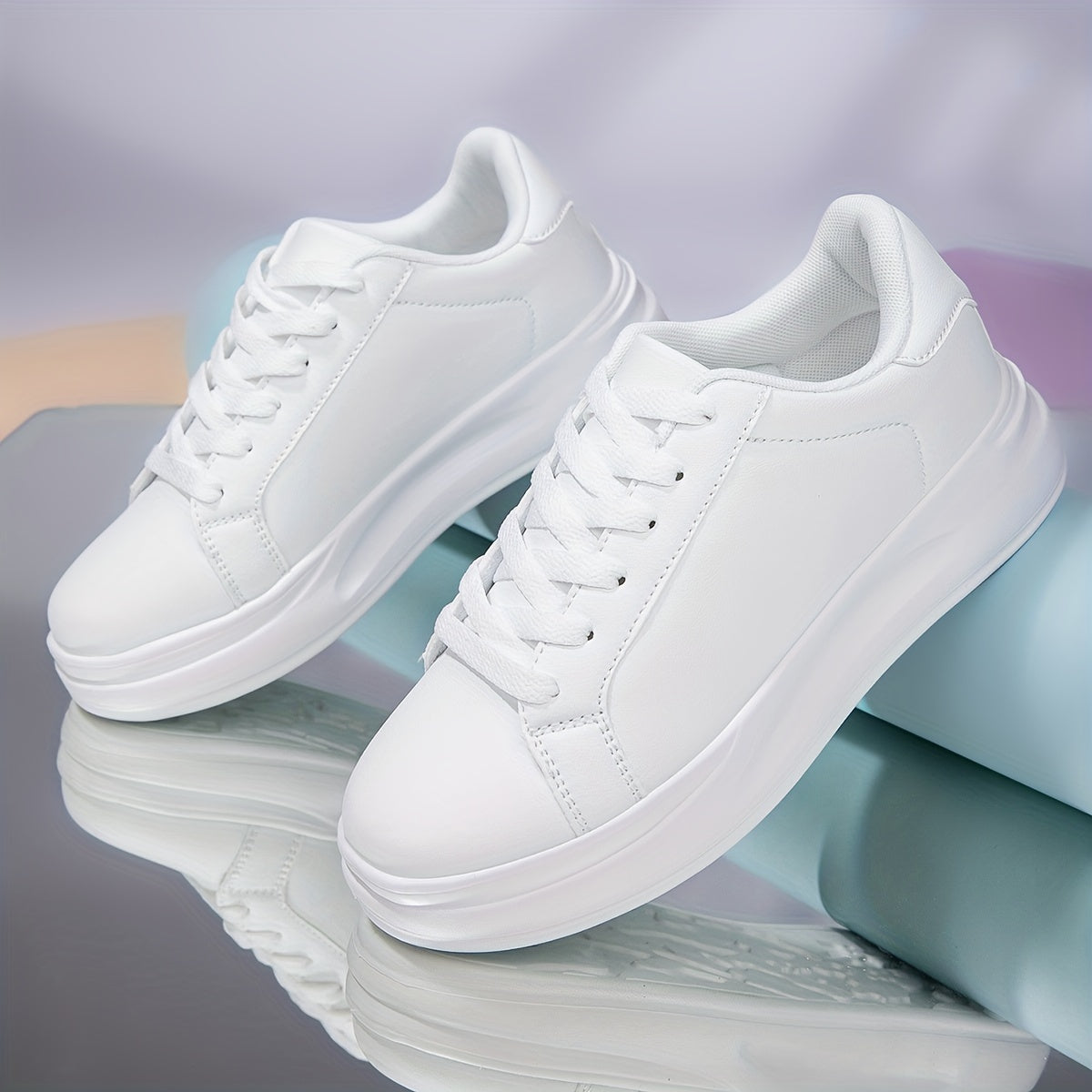 Classic White Sneakers for Women with Waterproof and Height-Boosting Thick Sole, Low-Top Lace-Up design.