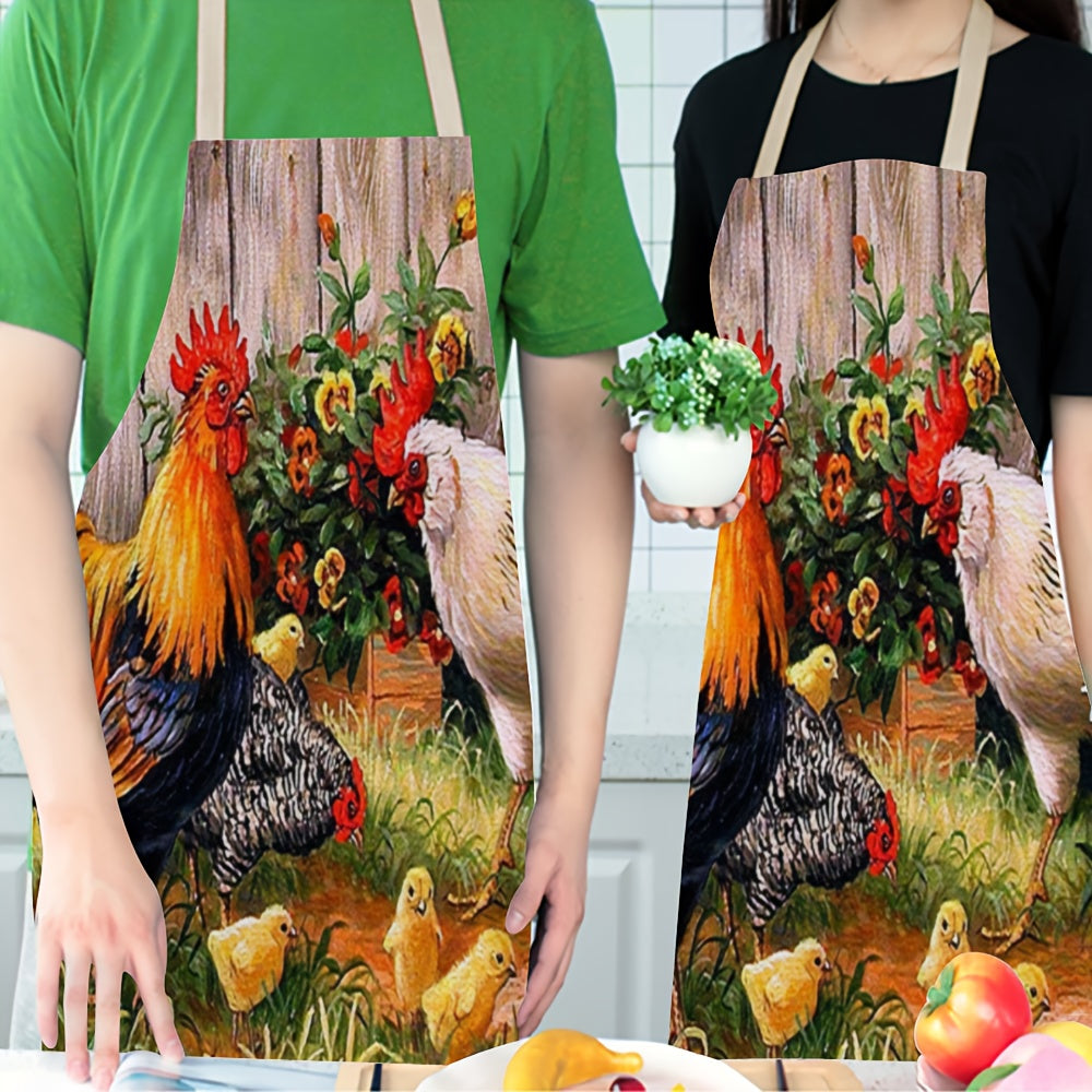 1pc Linen apron with soft rooster print, thickened cute waist design, perfect for fashion housework and kitchen tasks.