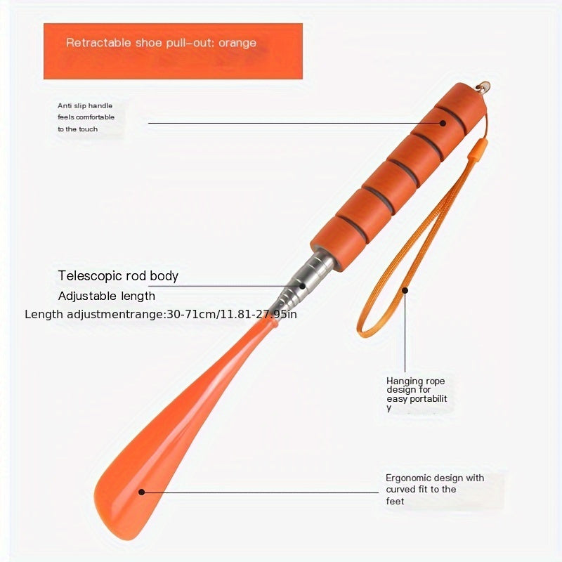 Ergonomic shoe puller for elderly and disabled, adjustable 29.97-70.87cm, stainless steel and portable.