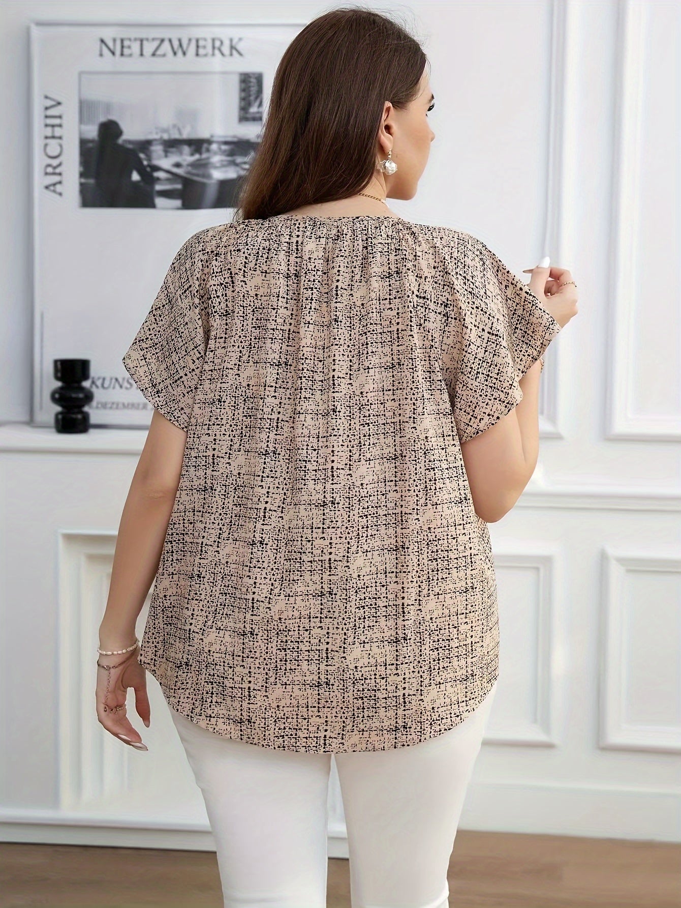 Plus Size Blouse with Lace-up Detail, Notched Collar, Polyester Blend, Random Print, Vacation Style, All-Season Wear