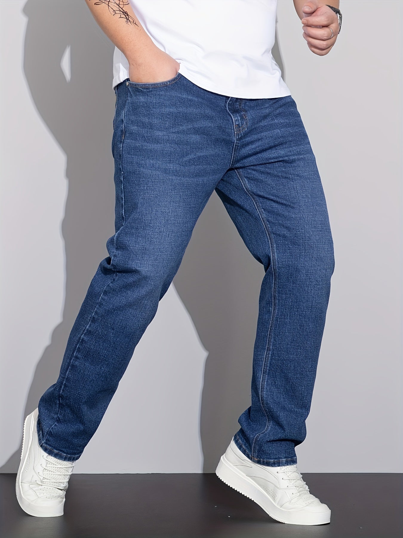 Comfortable stretch denim jeans for plus size men with versatile business style, straight-leg, and machine washable