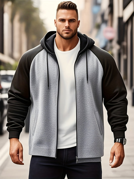 Men's Plus Size Color Block Hoodie with Kangaroo Pocket - Casual Streetwear, Machine Washable, Polyester - Ideal Family Gift