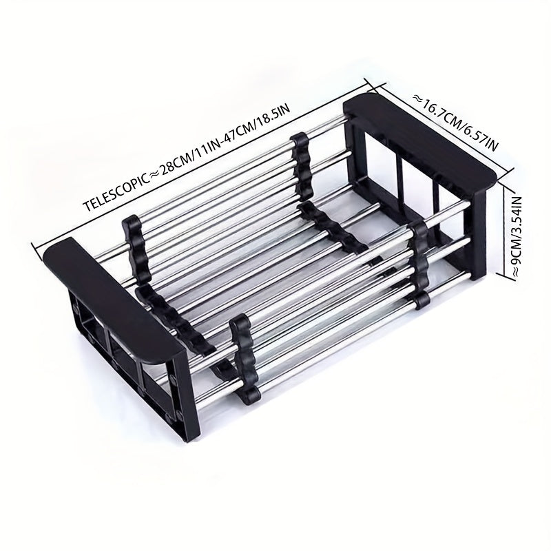 Adjustable Stainless Steel Kitchen Sink Rack with Retractable Dish Drainer, Safe for Food Use, Comes in Large and Small Sizes.