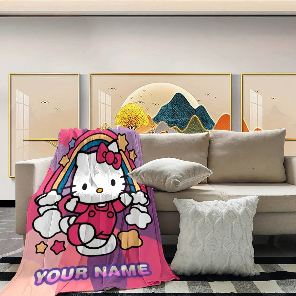 Personalized with a cute cartoon Hello Kitty design, this cozy flannel blanket is perfect for staying warm and comfortable. Use it as a decorative accent in any room or give it as a thoughtful gift that can be enjoyed all year round.