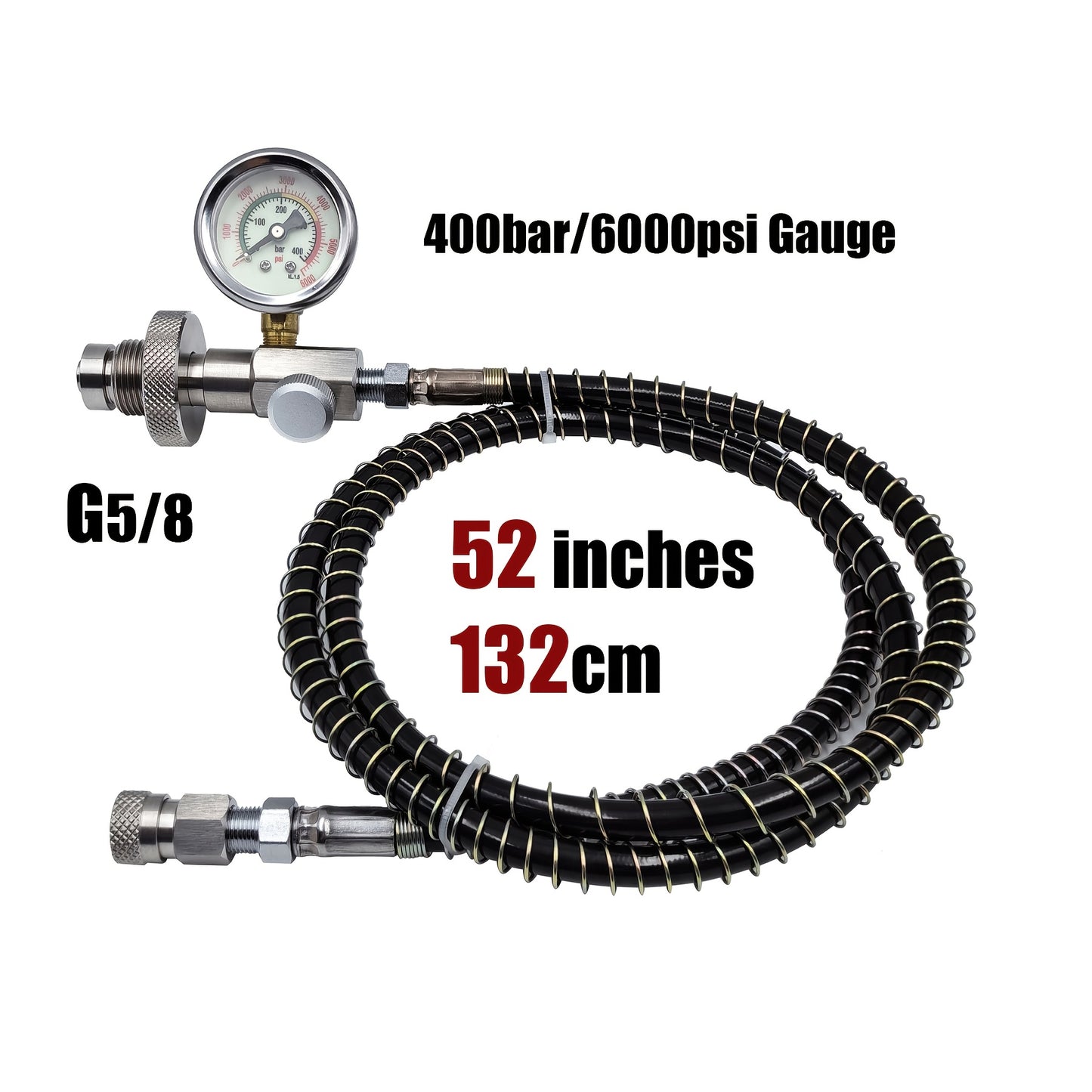 High-pressure diving filling station adapter kit with 6000psi gauge, stainless steel, includes quick disconnect hose for transferring gas from large tanks to small bottles.