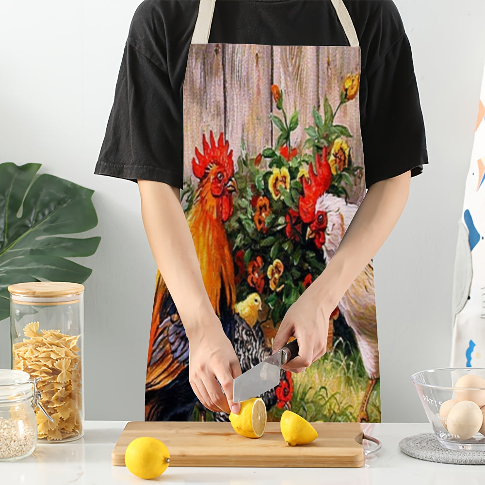 1pc Linen apron with soft rooster print, thickened cute waist design, perfect for fashion housework and kitchen tasks.