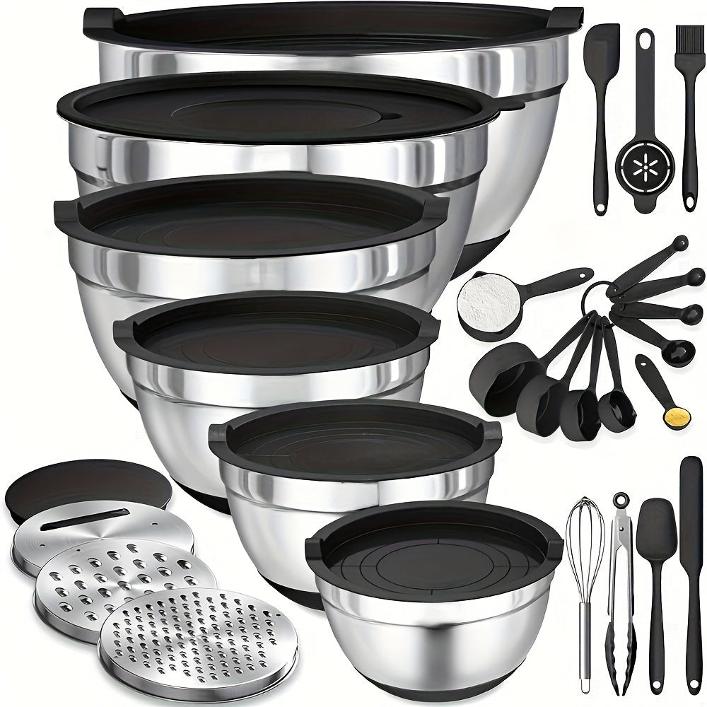 26-piece stainless steel mixing bowl set with sealing lids, grater attachment, and non-slip bottom in sizes ranging from 7QT to 1QT, ideal for mixing and serving.